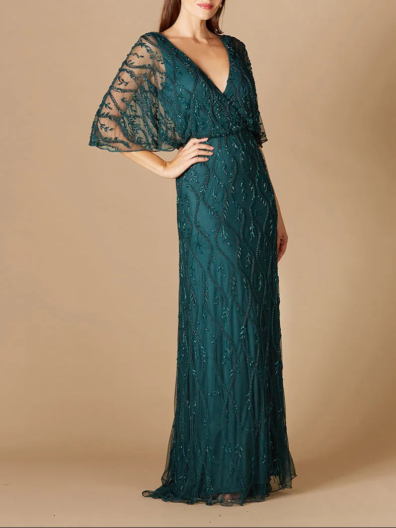 Illusion Cape Sleeve Beaded Gown by Lara New York — style 29319 in Teal