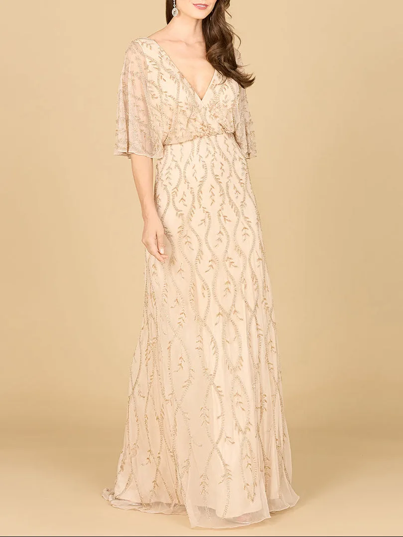 Illusion Cape Sleeve Beaded Gown by Lara New York — style 29319 in Champagne