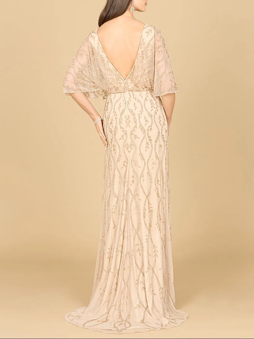 Illusion Cape Sleeve Beaded Gown by Lara New York — style 29319