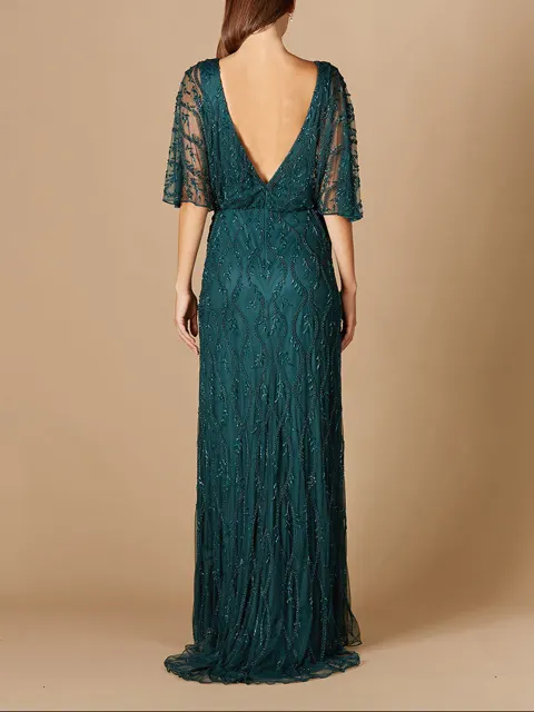 Illusion Cape Sleeve Beaded Gown