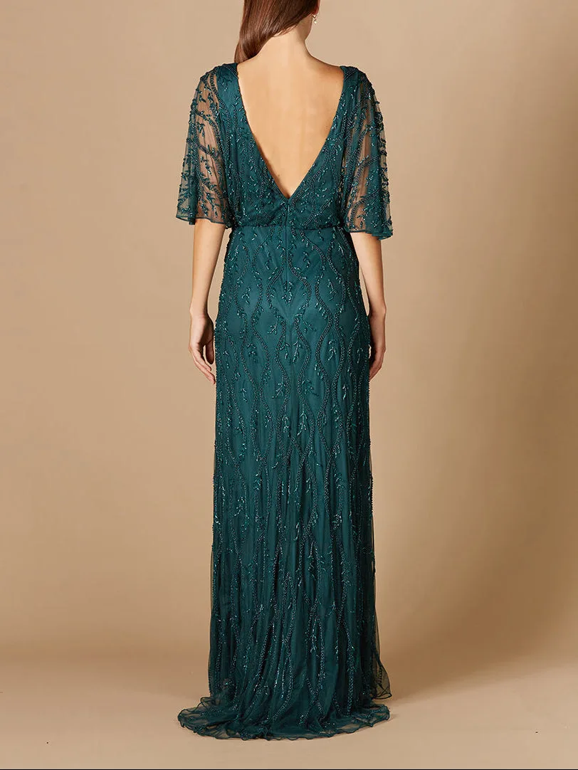 Illusion Cape Sleeve Beaded Gown by Lara New York — style 29319