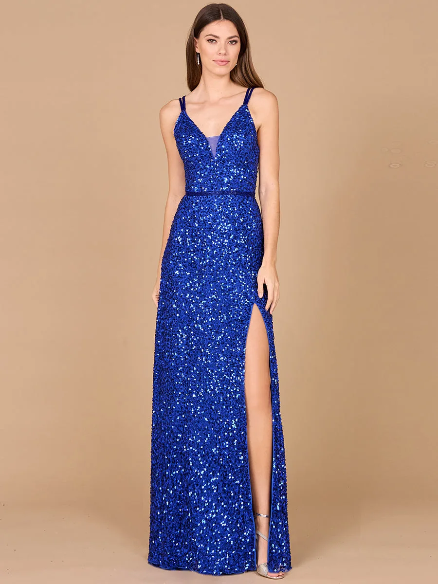 Beaded Prom Dress with High Slit by Lara New York — style 29322 in Sapphire
