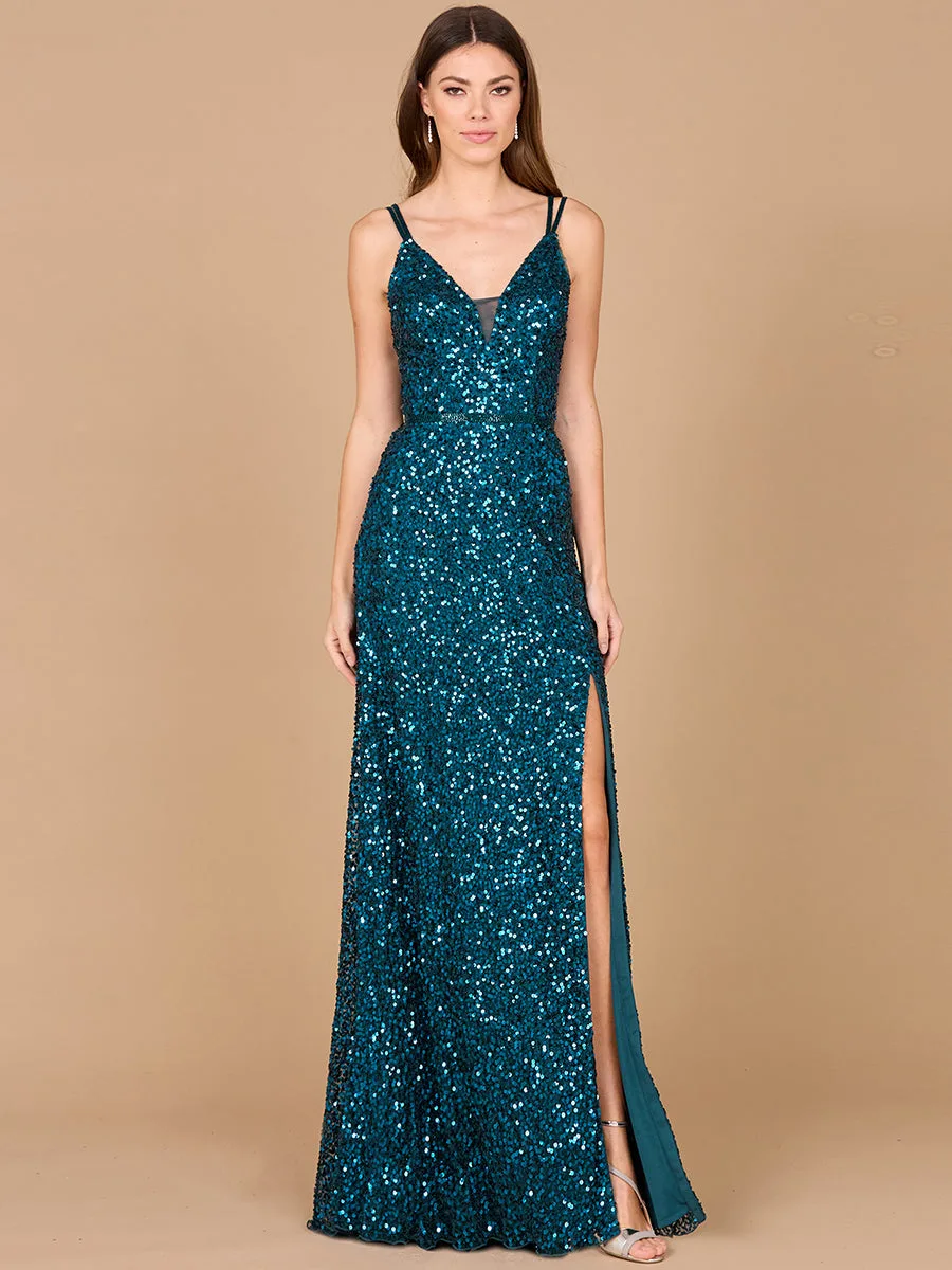 Beaded Prom Dress with High Slit by Lara New York — style 29322 in Teal