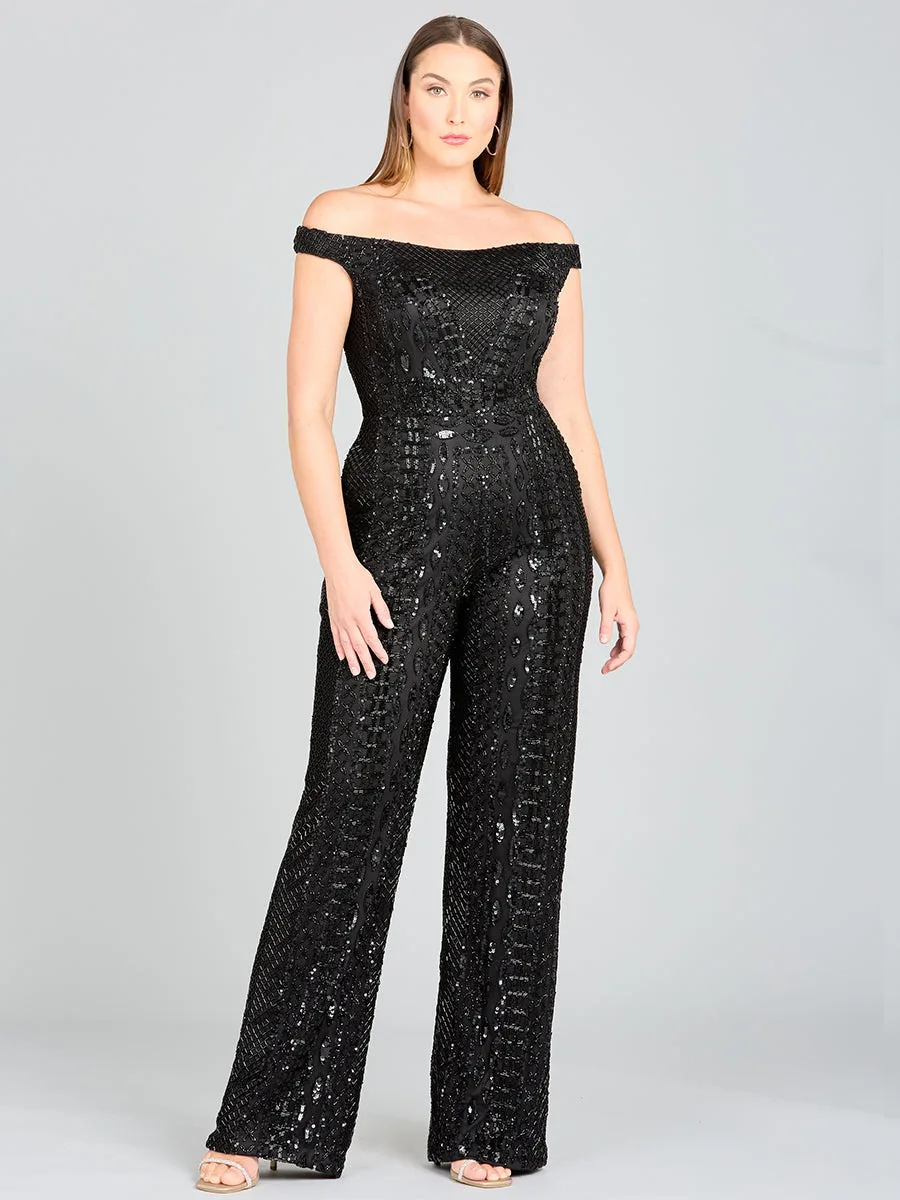 Beaded Off Shoulder Jumpsuit by Lara New York — style 29323 in Black