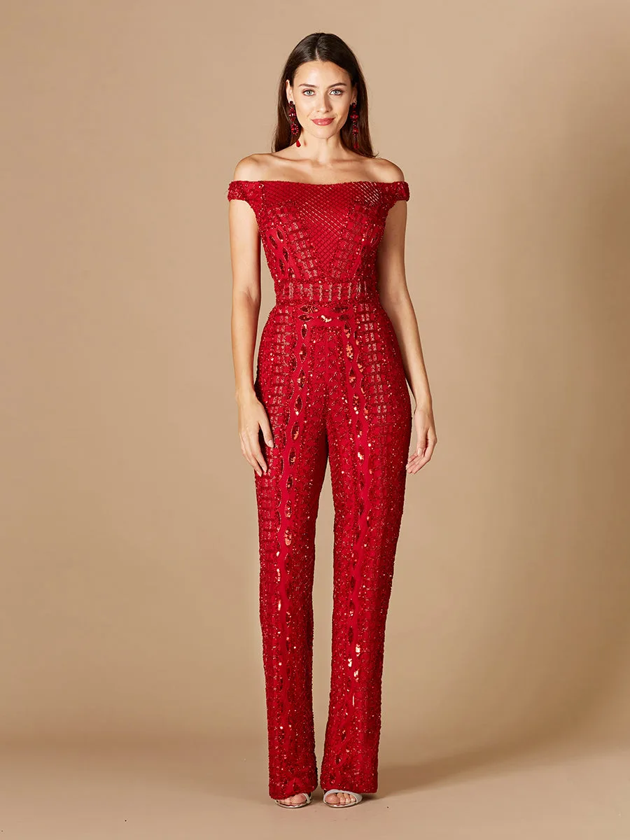 Beaded Off Shoulder Jumpsuit by Lara New York — style 29323 in Red