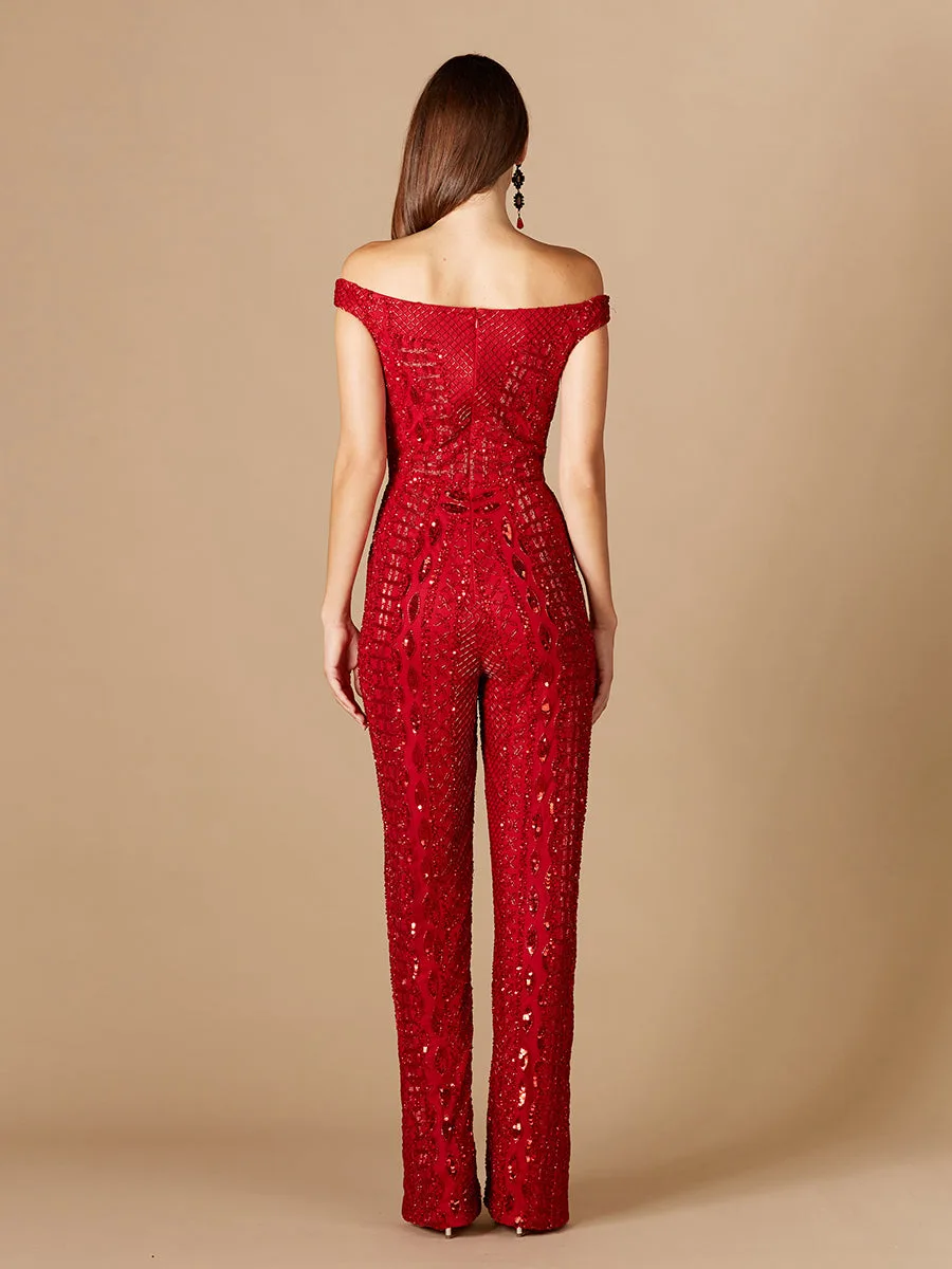 Beaded Off Shoulder Jumpsuit by Lara New York — style 29323