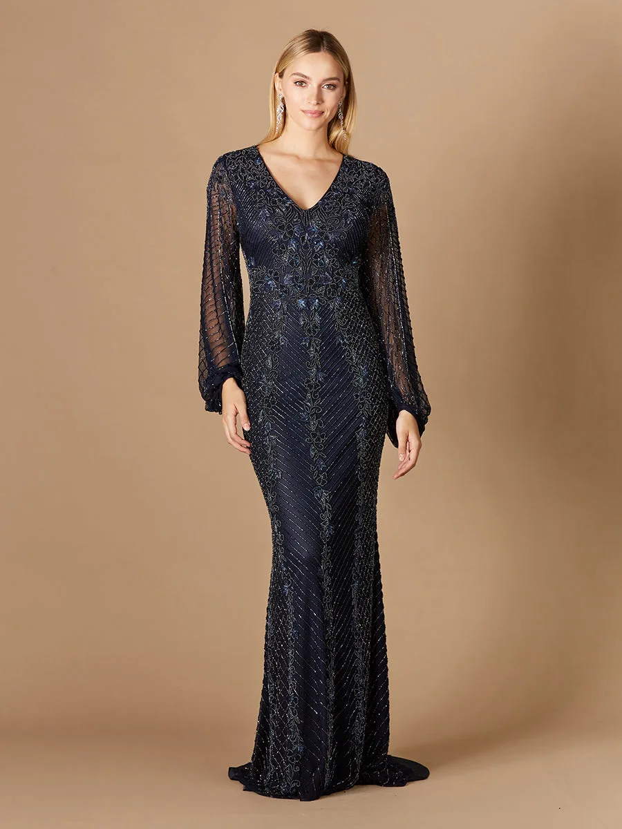Long Sleeve Beaded Gown with Balloon Sleeves by Lara New York — style 29338 in Navy