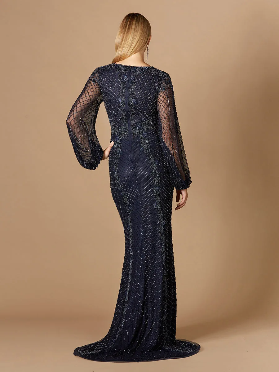 Long Sleeve Beaded Gown with Balloon Sleeves by Lara New York — style 29338