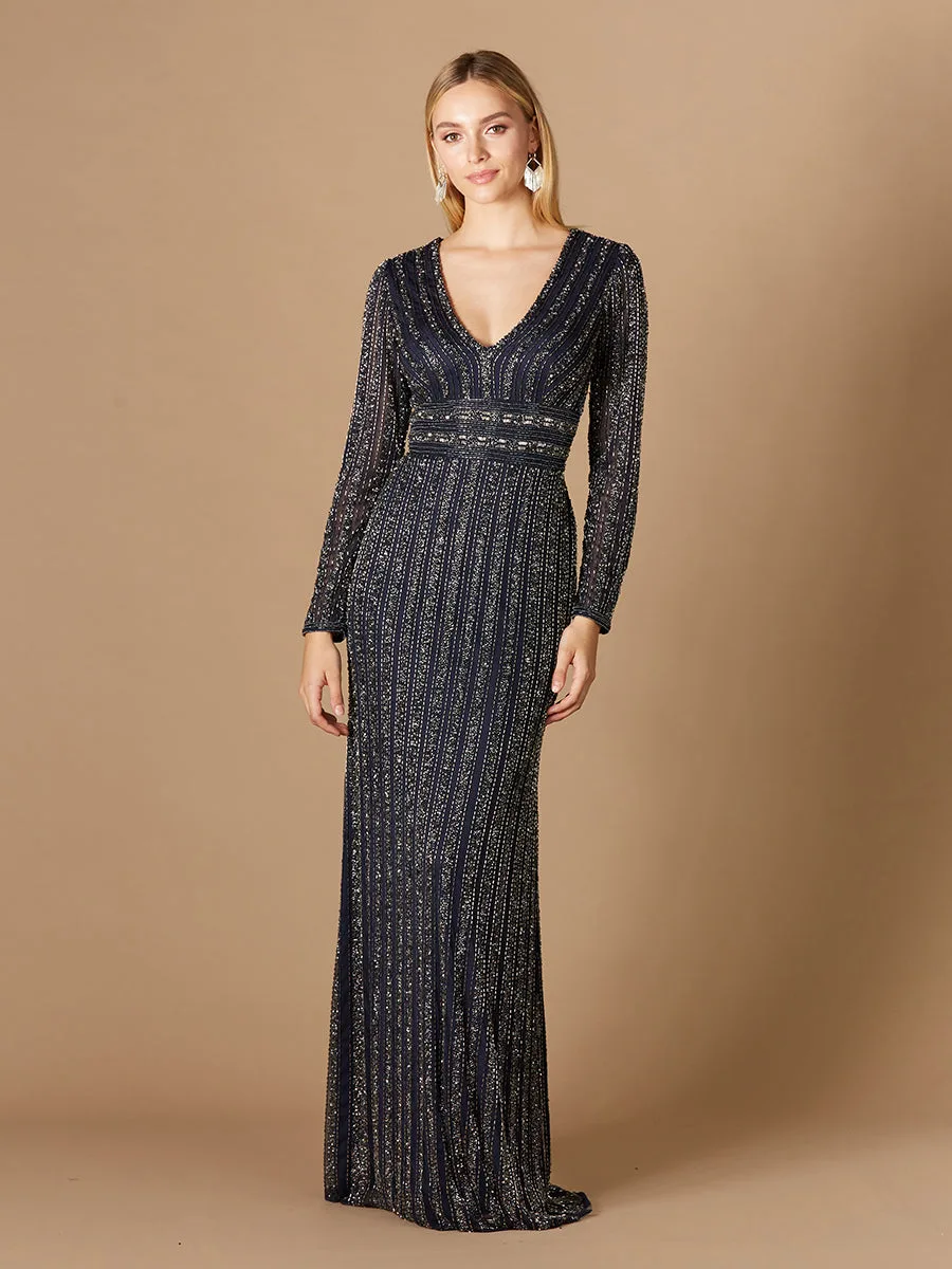 Long Sleeve Belted Beaded Gown by Lara New York — style 29343 in Navy