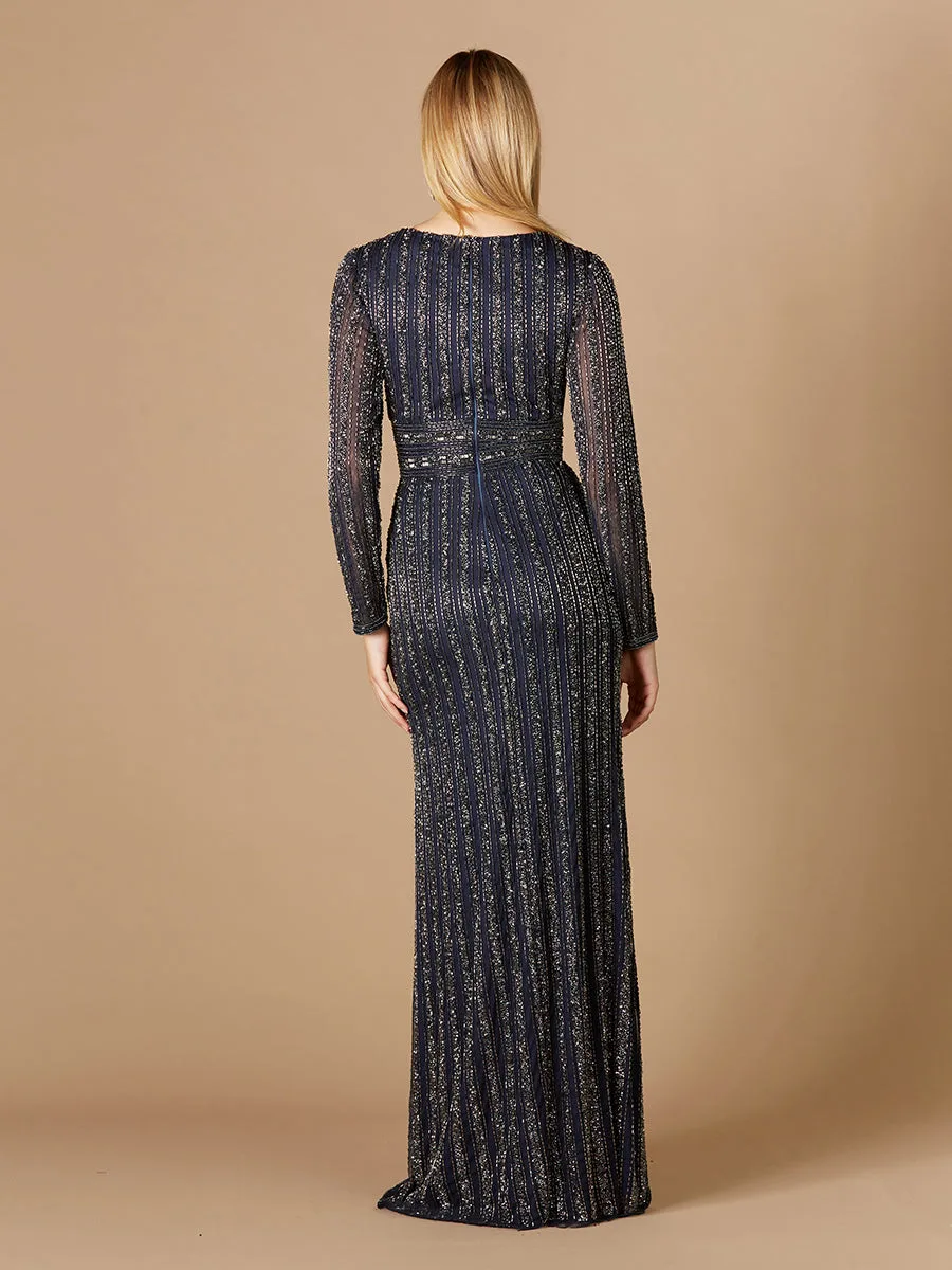 Long Sleeve Belted Beaded Gown by Lara New York — style 29343