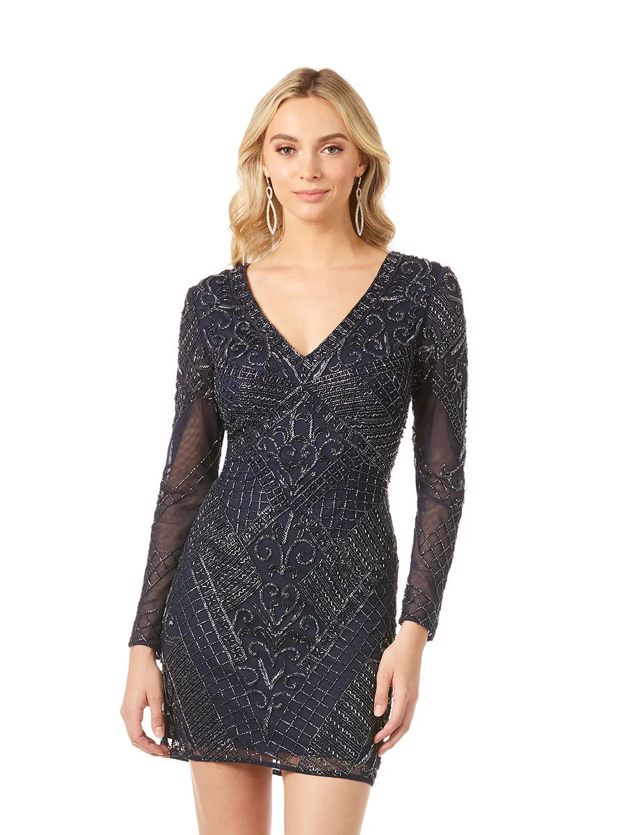 Long Sleeve V-Neck Beaded Cocktail Dress in Navy by Lara New York — style 29344 in Navy