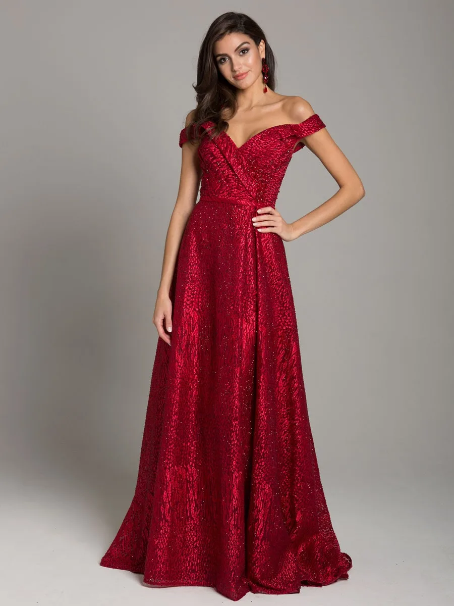 Tonal Beaded Off Shoulder Ballgown by Lara New York — style 29349 in Dark Red