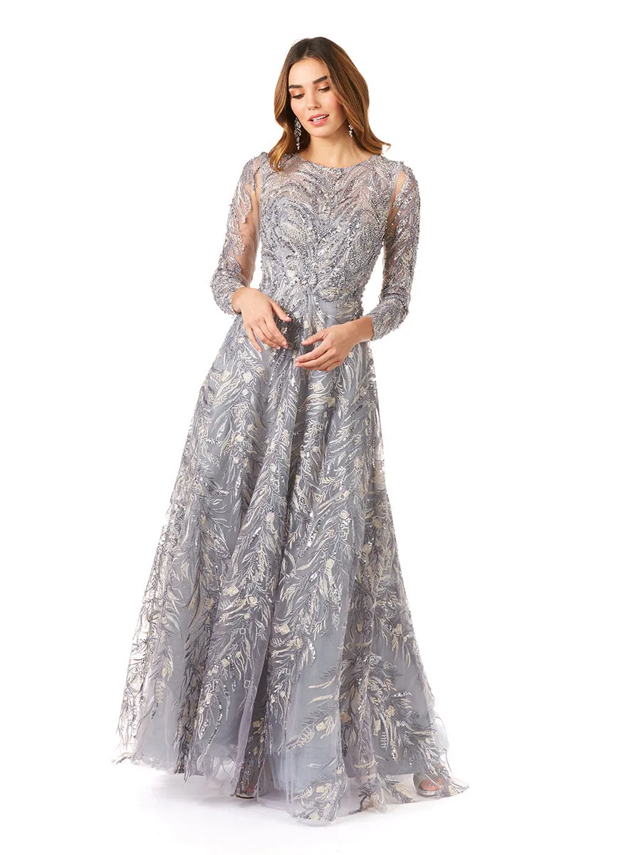 High Neck, Long Sleeve Ball Gown by Lara New York — style 29353 in Steel Blue