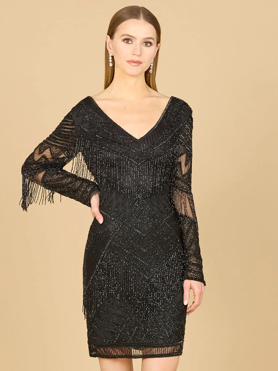 Long Sleeve Beaded V-Neck Fringe Cocktail Mini by Lara New York — style 29355 in Black