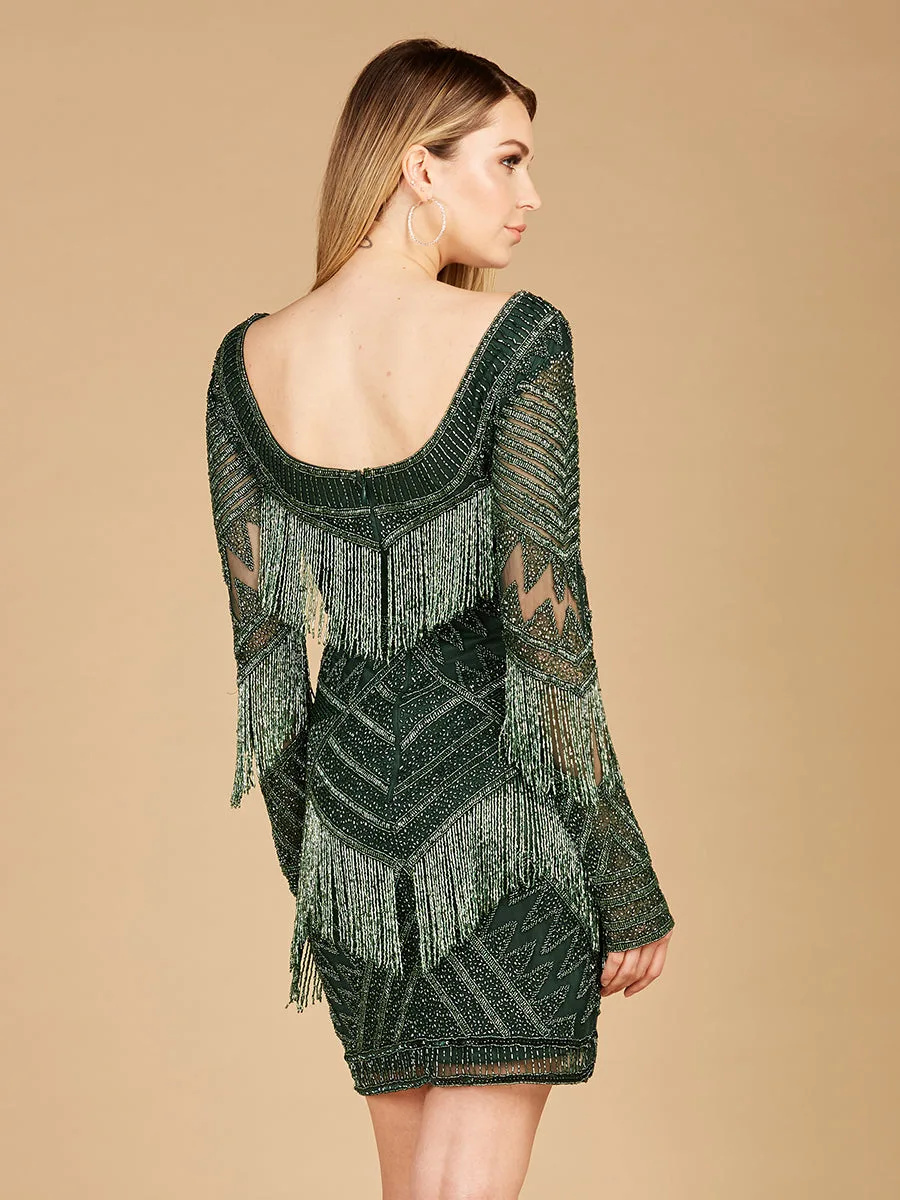 Long Sleeve Beaded V-Neck Fringe Cocktail Mini by Lara New York — style 29355