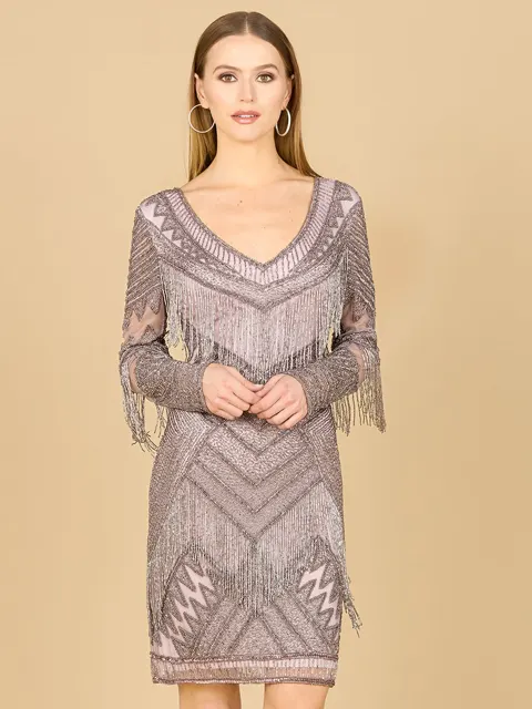 Long Sleeve Beaded V-Neck Fringe Cocktail Mini