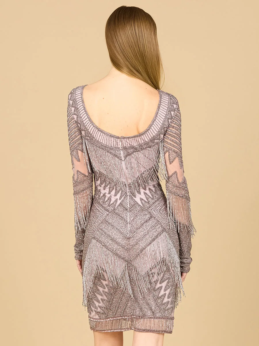 Long Sleeve Beaded V-Neck Fringe Cocktail Mini by Lara New York — style 29355