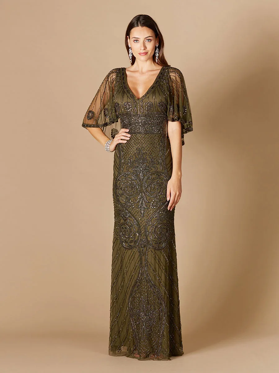 Cape Sleeve V-Neck Beaded Gown by Lara New York — style 29356 in Olive