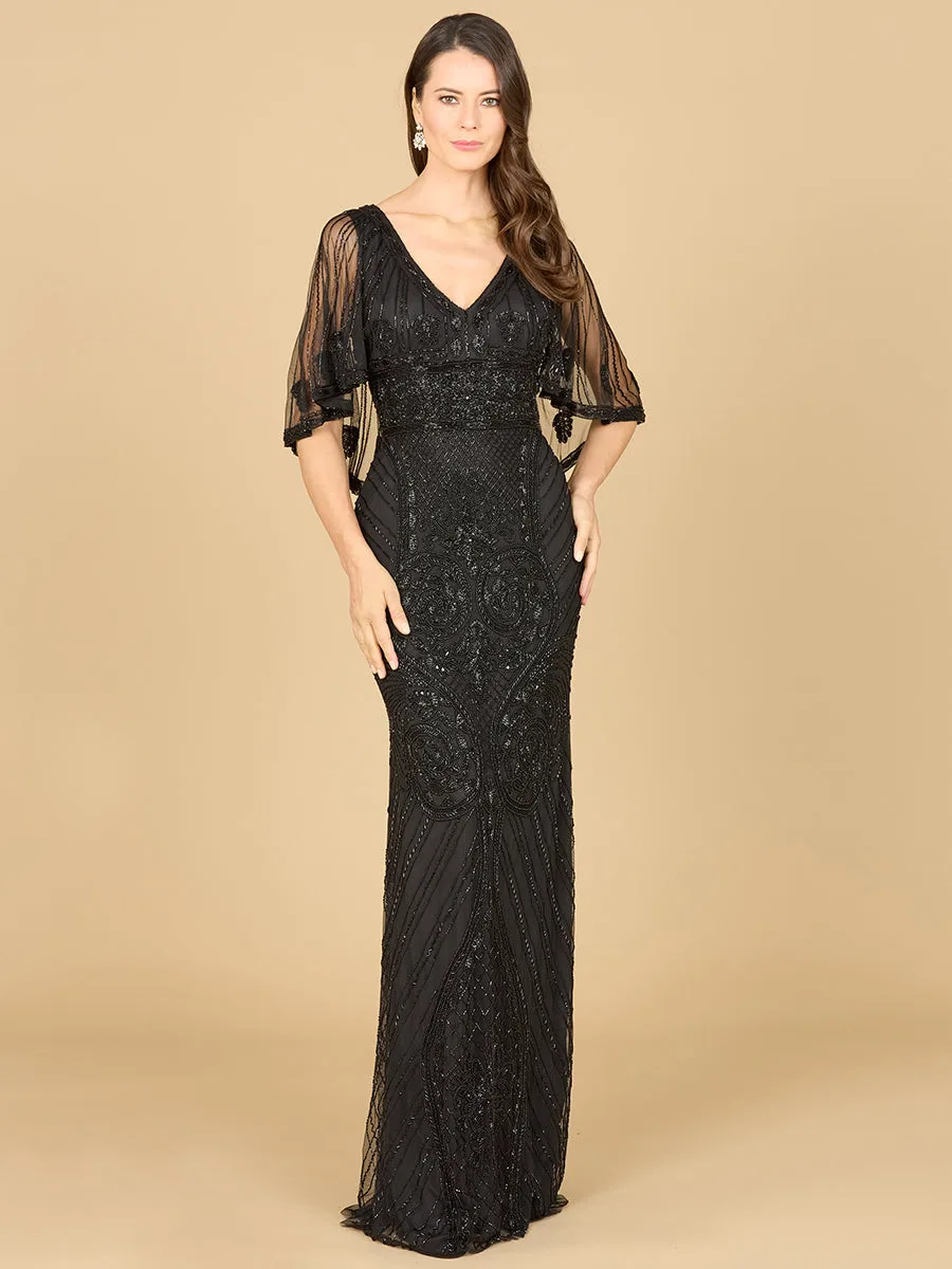 Cape Sleeve V-Neck Beaded Gown by Lara New York — style 29356 in Black