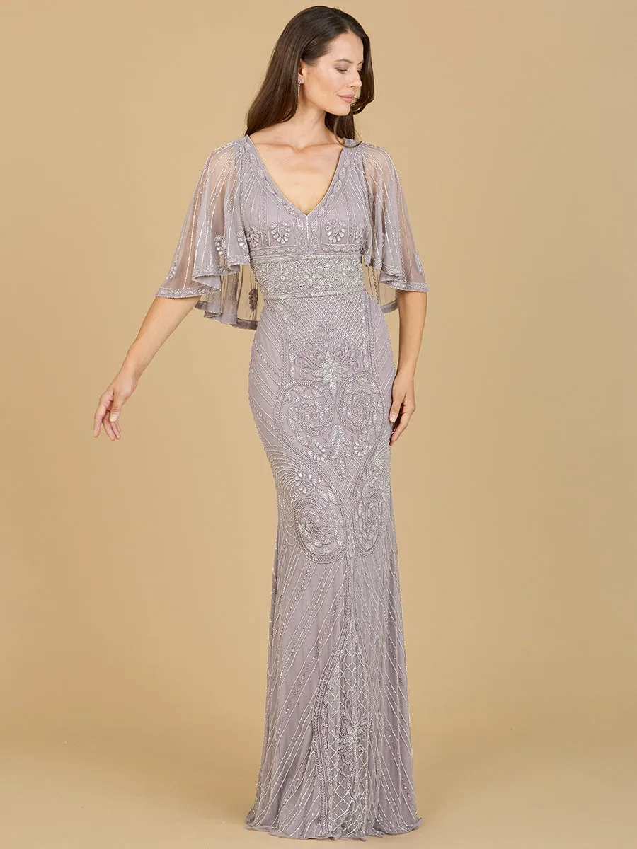 Cape Sleeve V-Neck Beaded Gown by Lara New York — style 29356 in Lilac Smoke