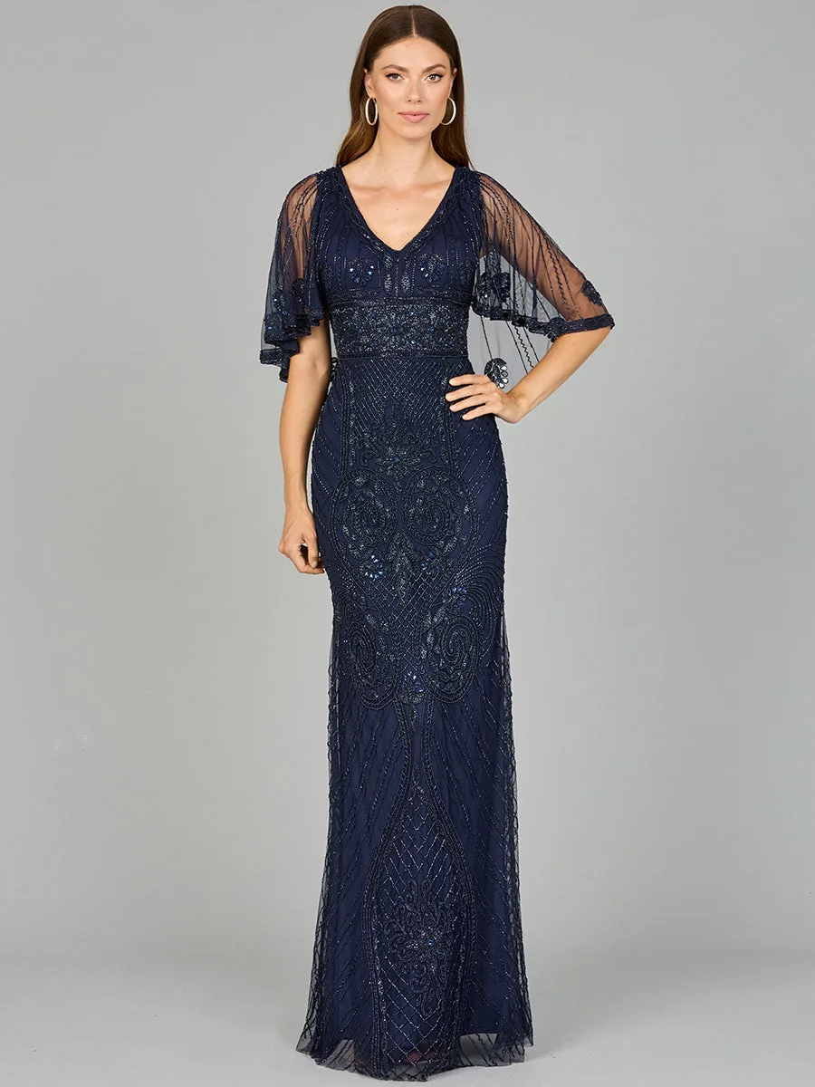 Cape Sleeve V-Neck Beaded Gown by Lara New York — style 29356 in Navy