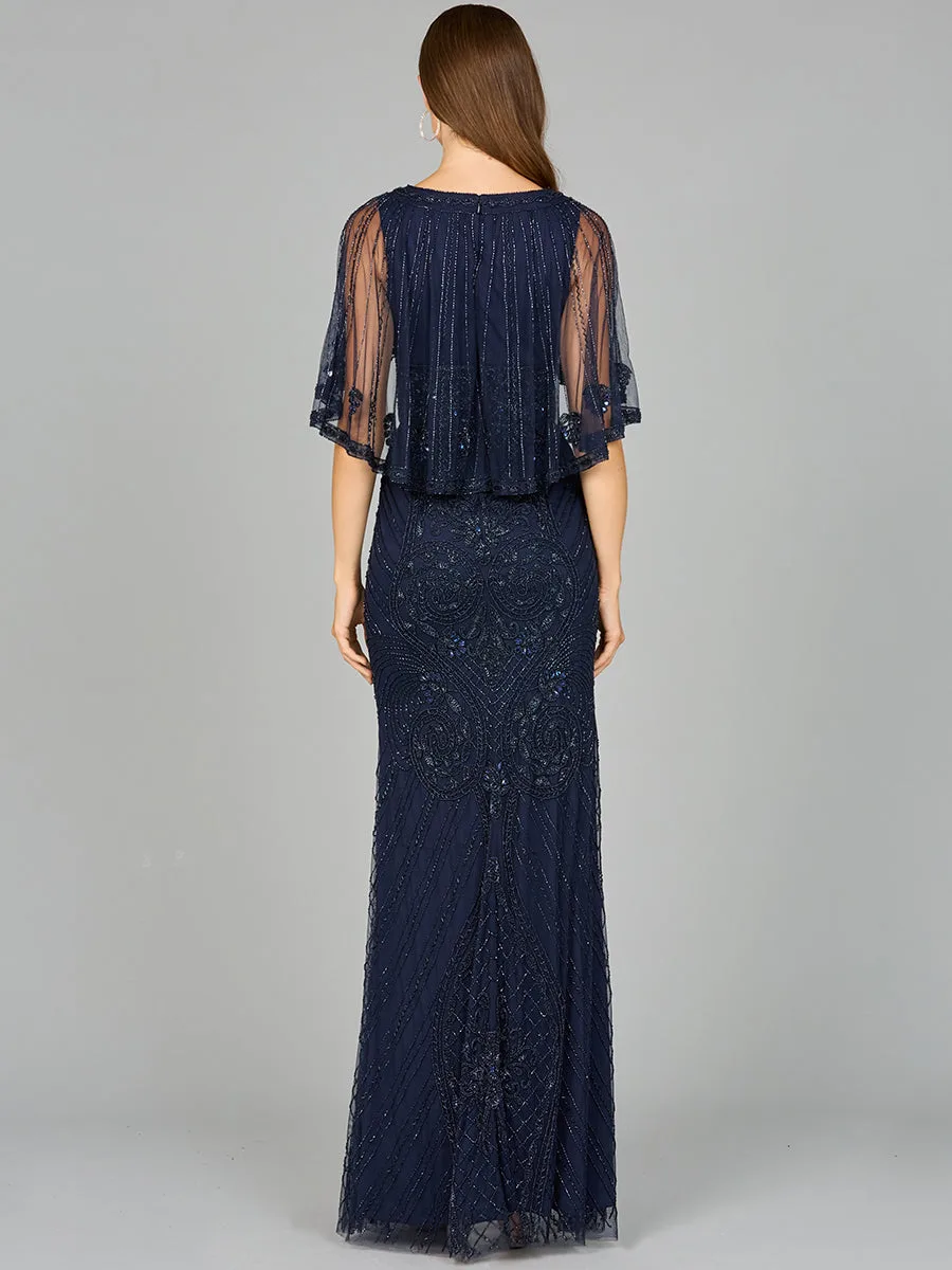 Cape Sleeve V-Neck Beaded Gown by Lara New York — style 29356
