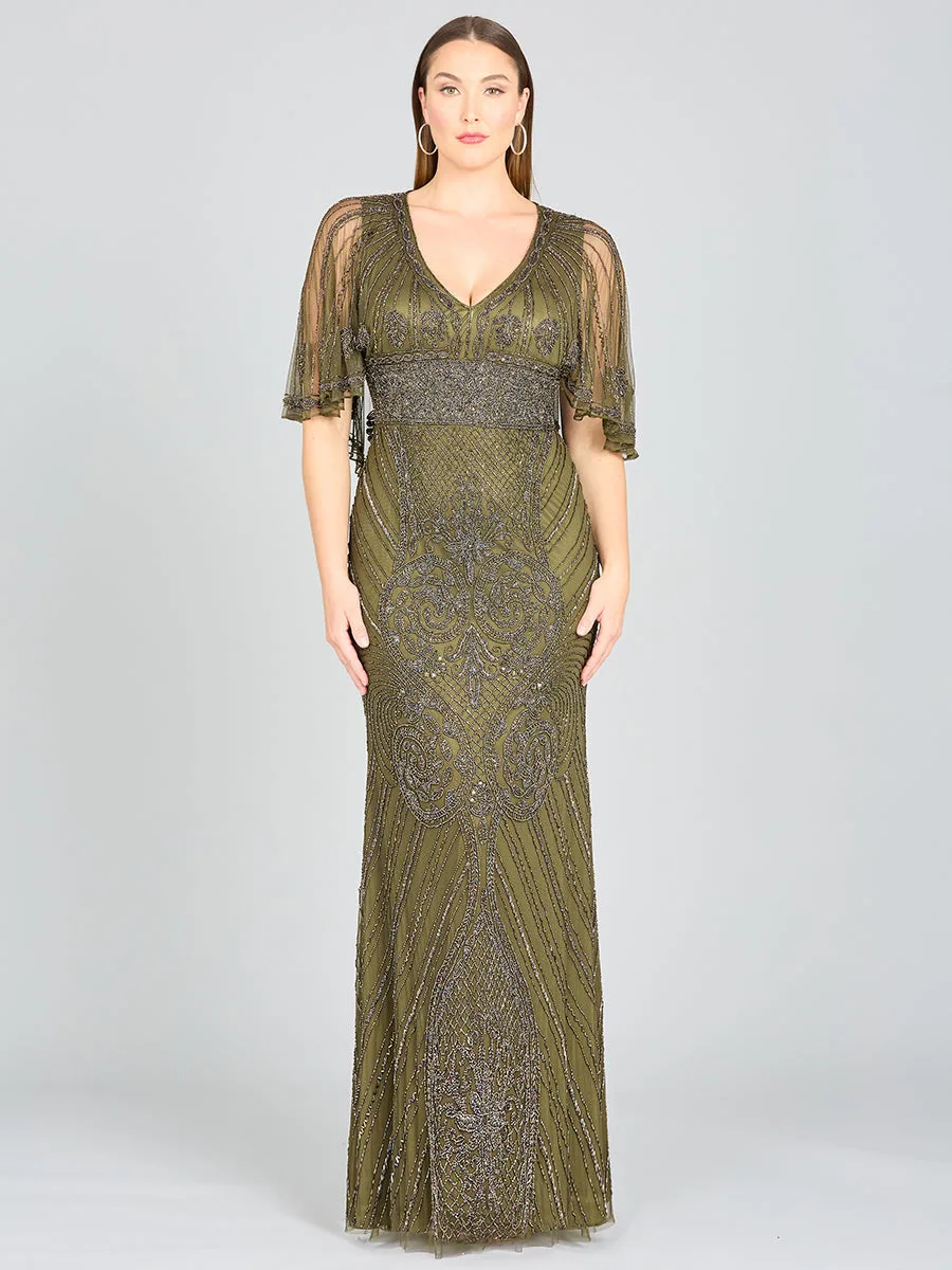 Cape Sleeve V-Neck Beaded Gown by Lara New York — style 29356