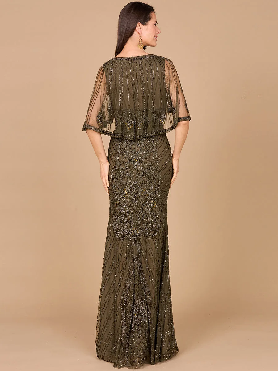 Cape Sleeve V-Neck Beaded Gown by Lara New York — style 29356
