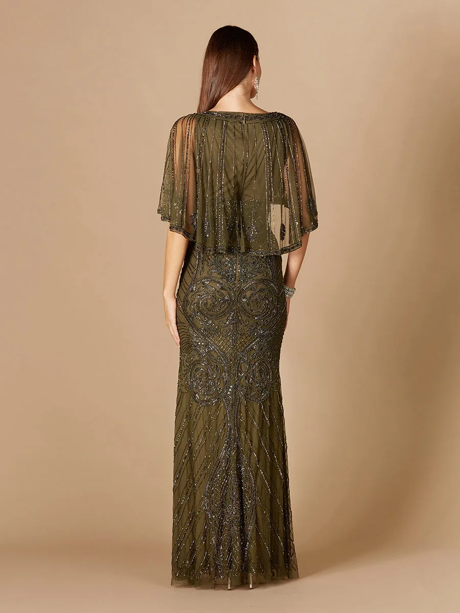 Cape Sleeve V-Neck Beaded Gown by Lara New York — style 29356
