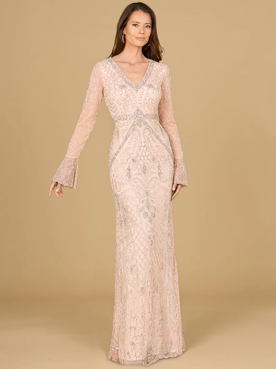 Long Bell Sleeve V-Neck Beaded Gown by Lara New York — style 29358