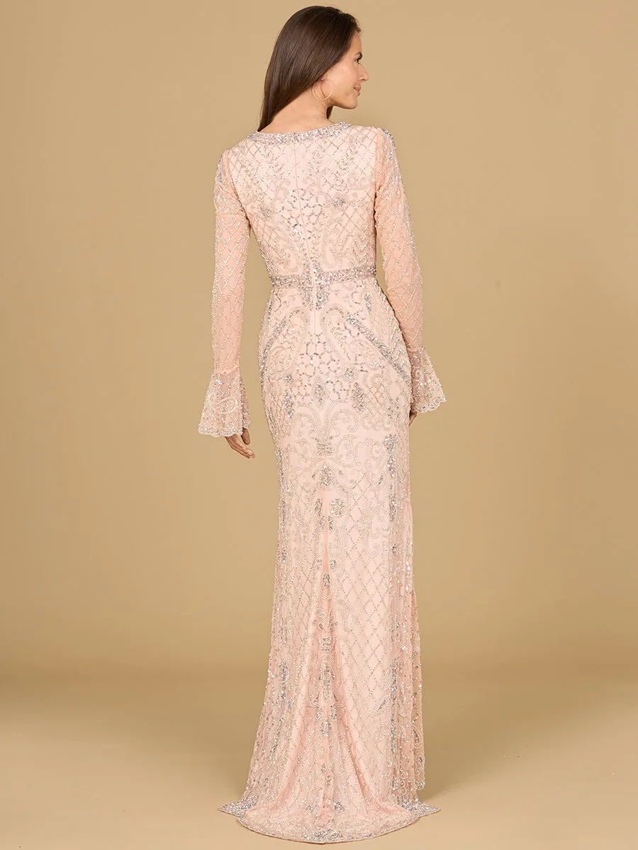 Long Bell Sleeve V-Neck Beaded Gown by Lara New York — style 29358