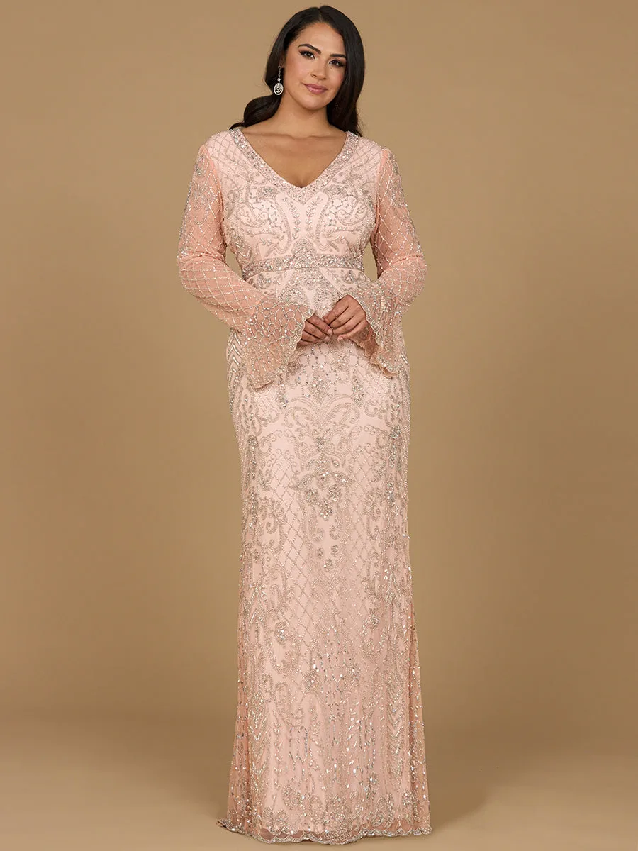 Long Bell Sleeve V-Neck Beaded Gown by Lara New York — style 29358 in Blush