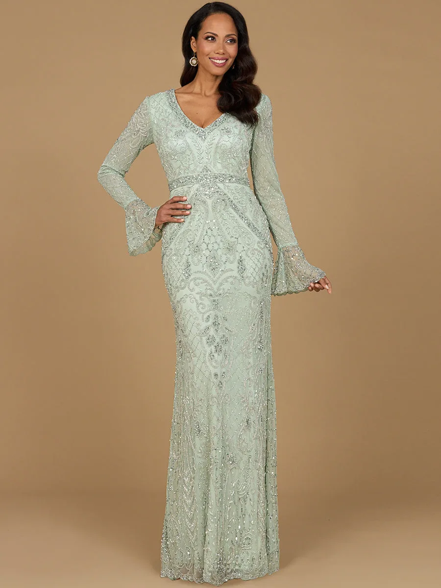 Long Bell Sleeve V-Neck Beaded Gown by Lara New York — style 29358 in Mint/Silver