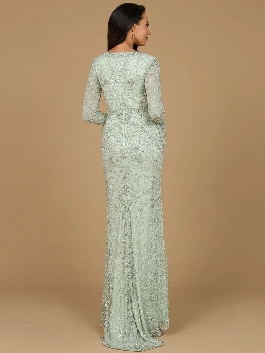 Long Bell Sleeve V-Neck Beaded Gown by Lara New York — style 29358