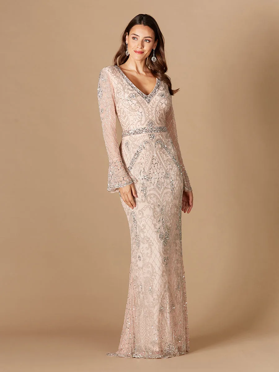 Long Bell Sleeve V-Neck Beaded Gown by Lara New York — style 29358