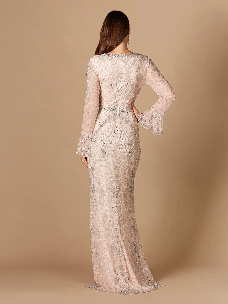 Long Bell Sleeve V-Neck Beaded Gown by Lara New York — style 29358