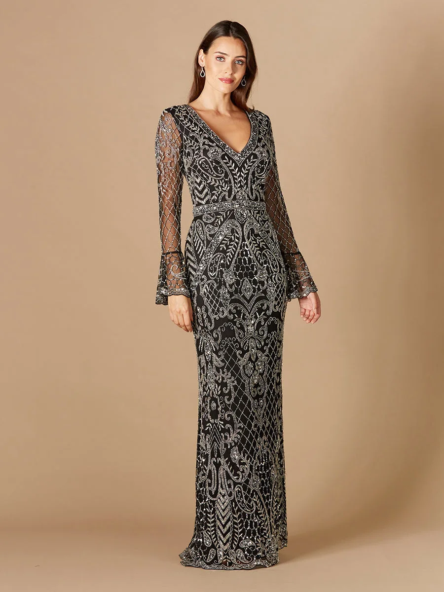 Long Bell Sleeve V-Neck Beaded Gown by Lara New York — style 29358 in Black/Silver
