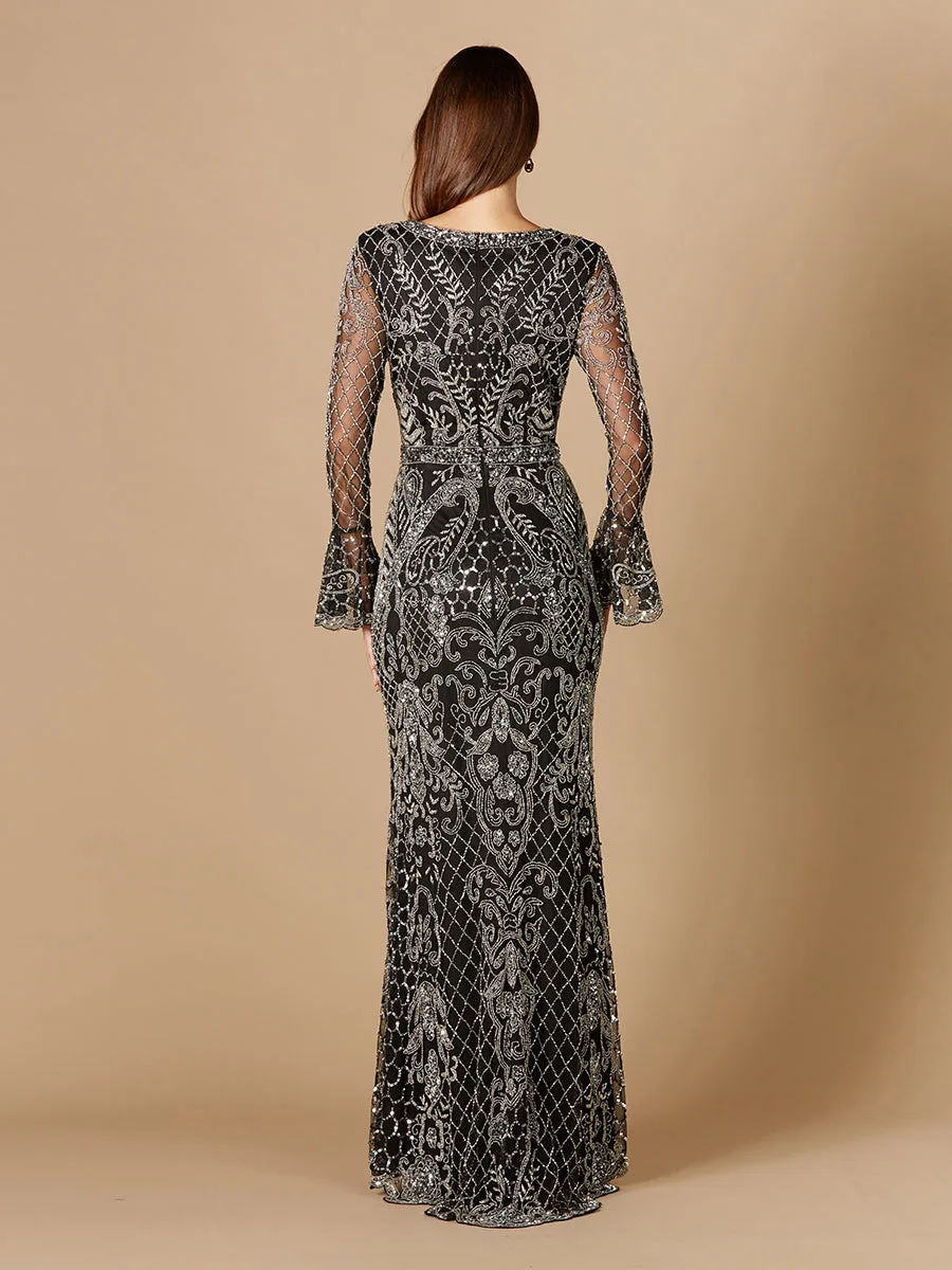 Long Bell Sleeve V-Neck Beaded Gown by Lara New York — style 29358