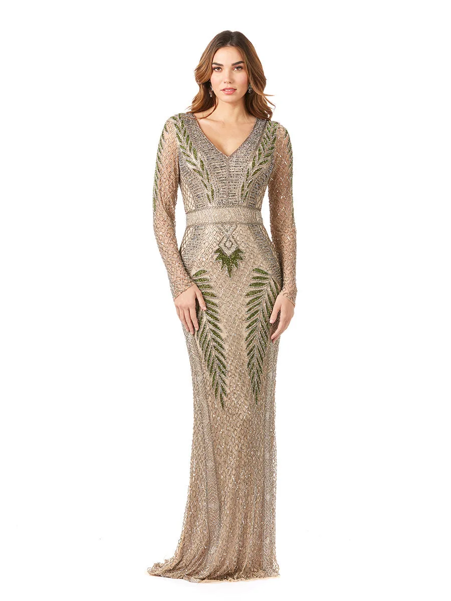 Long Sleeve Contrast Beaded Gown by Lara New York — style 29363 in Nude/Multi