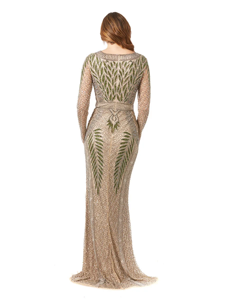 Long Sleeve Contrast Beaded Gown by Lara New York — style 29363