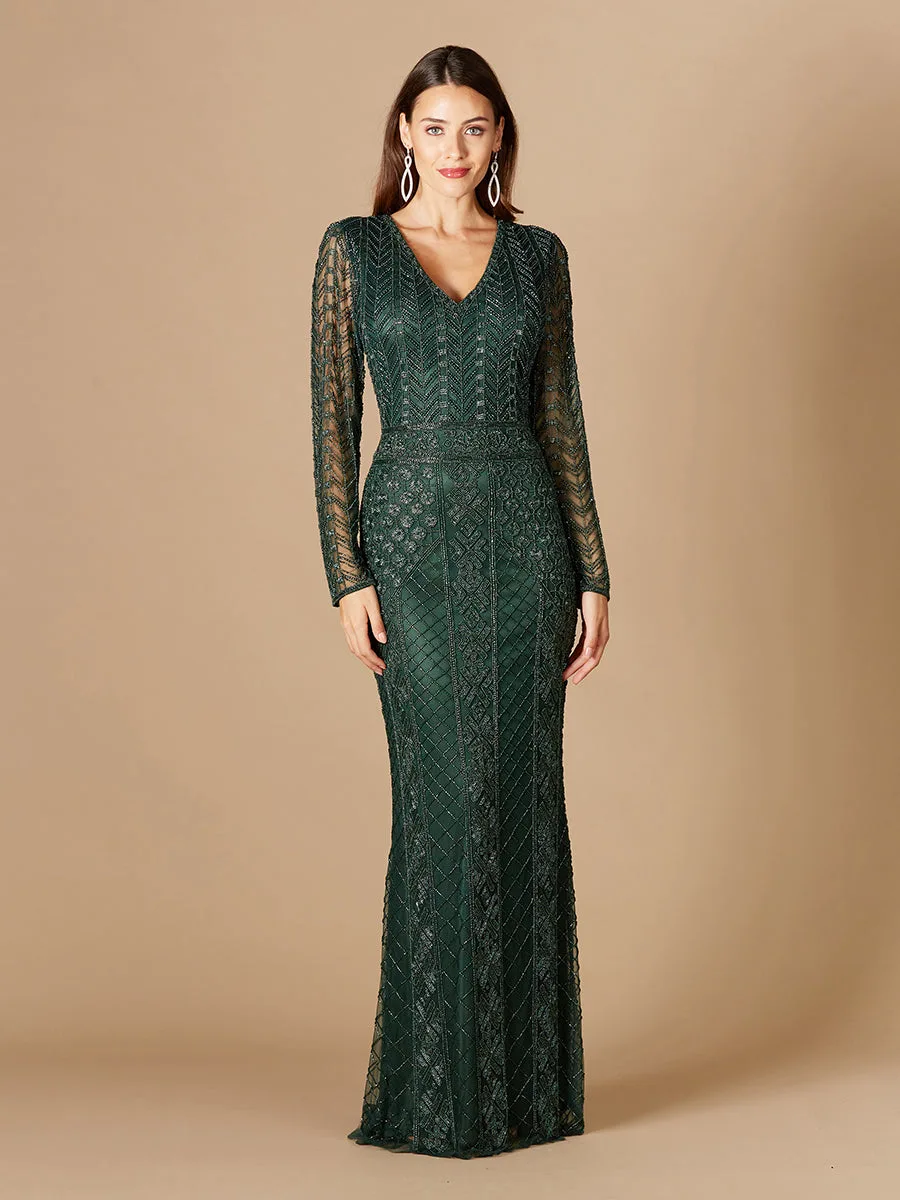 Long Sleeve Beaded Dress by Lara New York — style 29365 in Green