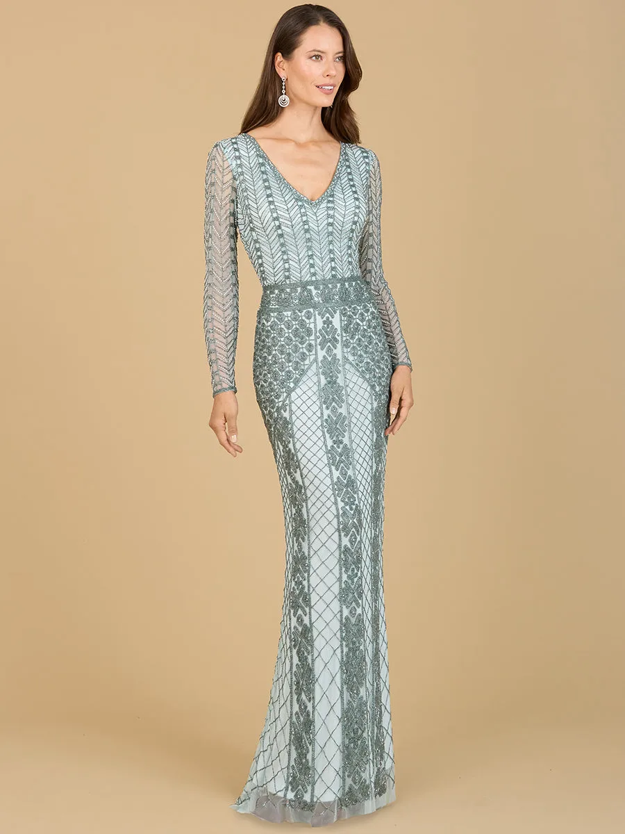 Long Sleeve Beaded Dress by Lara New York — style 29365 in Light Blue