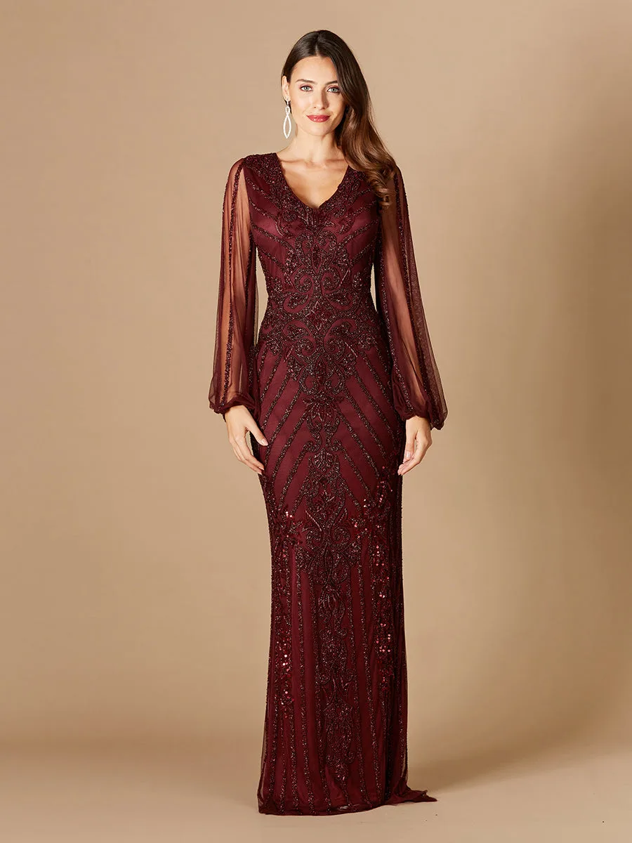 Long Flutter Sleeves Beaded Dress by Lara New York — style 29369 in Wine