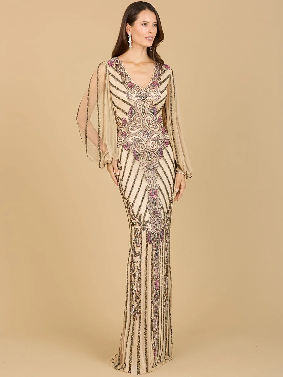 Long Flutter Sleeves Beaded Dress by Lara New York — style 29369 in Nude/Multi