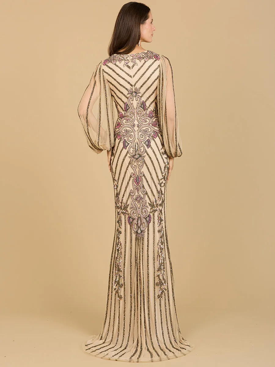 Long Flutter Sleeves Beaded Dress by Lara New York — style 29369