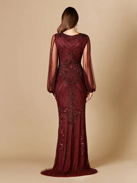 Long Flutter Sleeves Beaded Dress