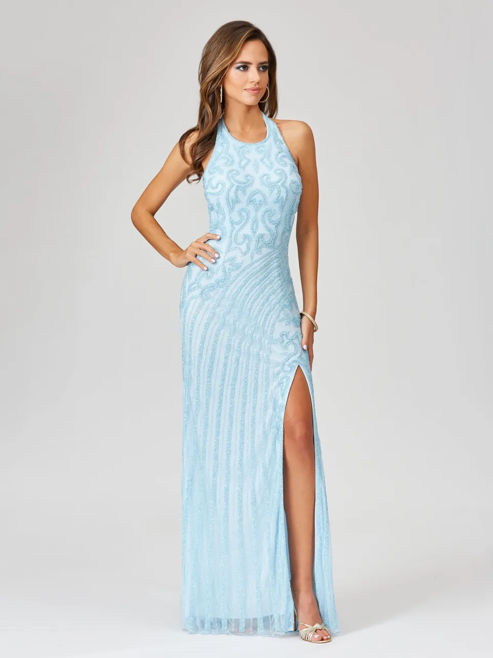 Giselle Beaded Halter Gown with Slit by Lara New York — style 29371 in Periwinkle