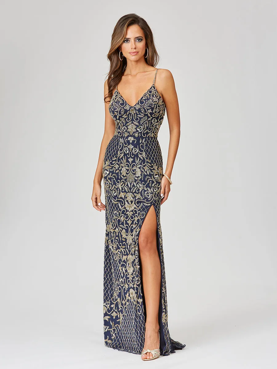 Beaded Tank Dress with Slit by Lara New York — style 29373 in Navy/Gold