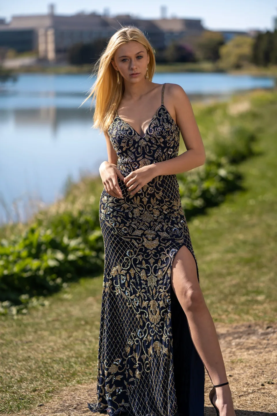 Beaded Tank Dress with Slit by Lara New York — style 29373