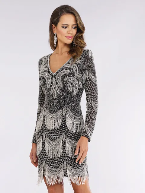 Long Sleeve Beaded V-Neck Fringe Cocktail Dress